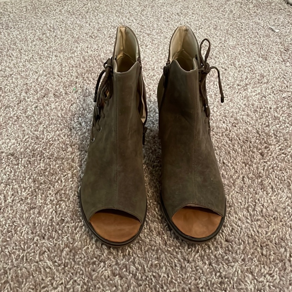Olive green peep toe booties. Size 8